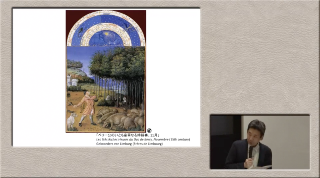 飼育される豚の群れと飼い主の絵画